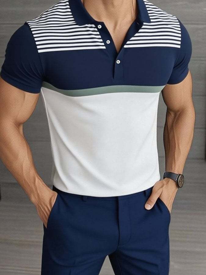 Camisa polo casual clásico a rayas estampado ejecutivo de manga corta para hombre - vista 1