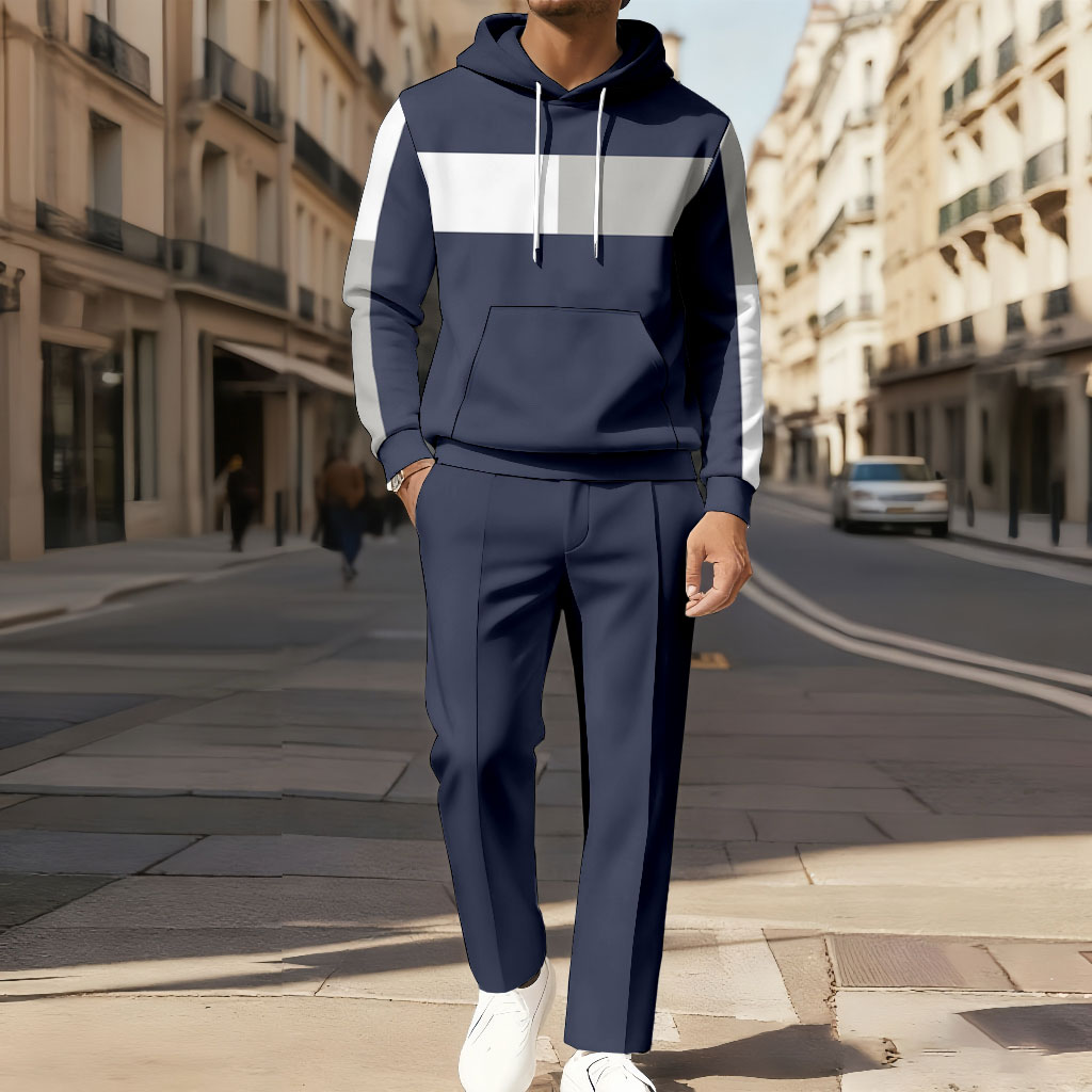 Conjunto de dos piezas casual Color Matching estampado de manga larga sudadera con capuchas sudadera & Trousers para hombre