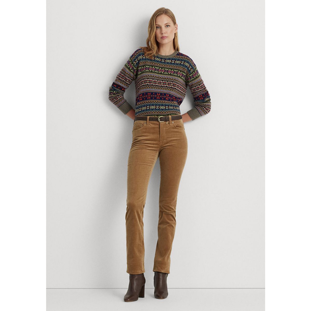 Stretch Corduroy Mid Rise Straight Pants - 4