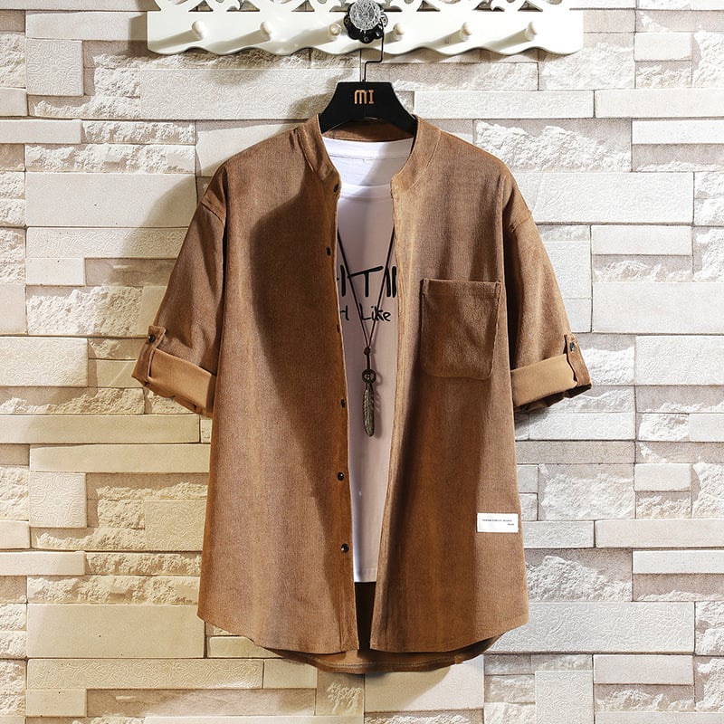 Camisa pana Middle Sleeve Thickened retro de color sólido para hombre