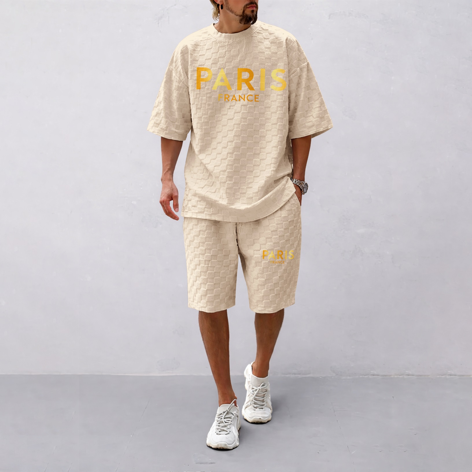 Camisa Spring/Summer Drawstring shorts Set featuring Paris Letter estampado and a cuadros Fabric—a casual summer ensemble comprising a de manga corta and shorts, ideal for both everyday wear and athletic activities. para hombre