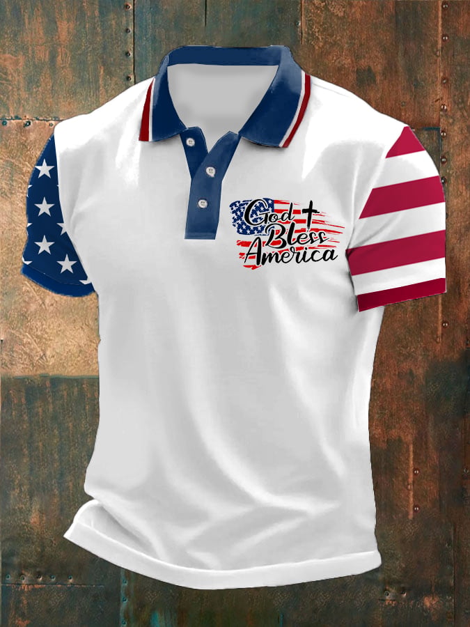 Camisa polo God Bless America Flag estampado casual para hombre