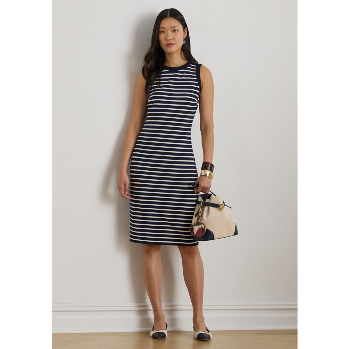 Women's Striped Snap-Trim Ponte Sheath Dress - 1