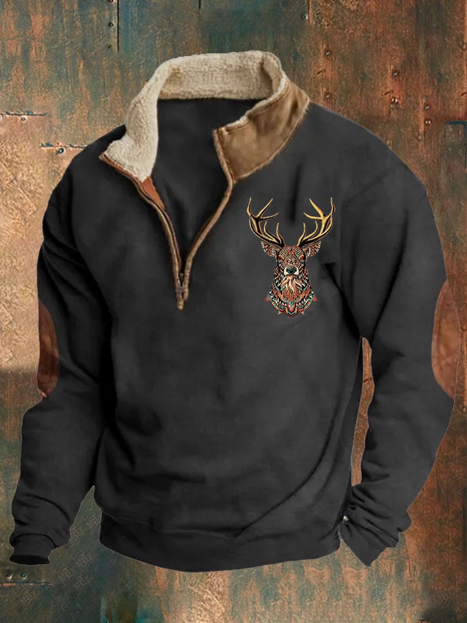 Sudadera retro Western estampado cierre Stand cuello para hombre