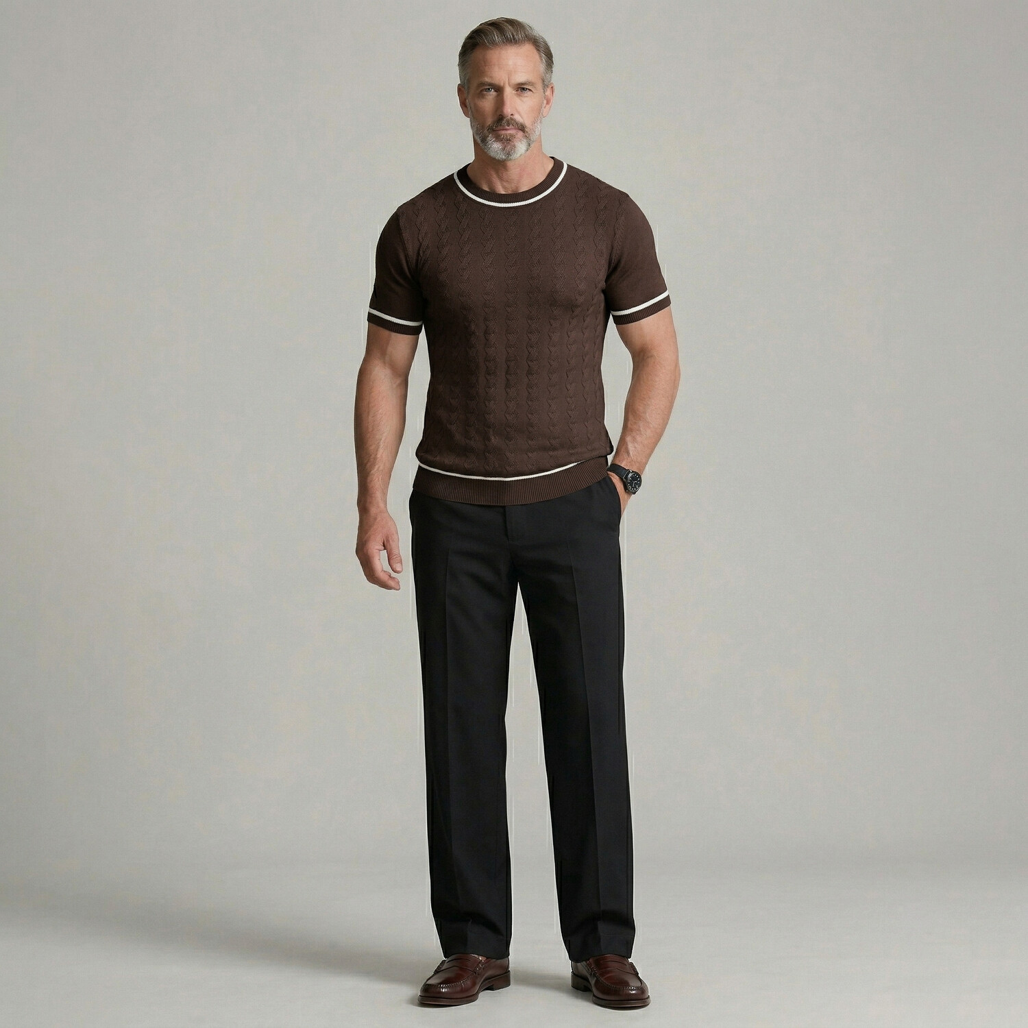 Camiseta casual de color sólido Crew Neck Twisted Cable tejido Tight Fit para hombre