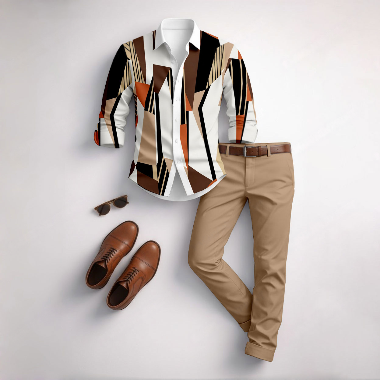 Conjunto de dos piezas casual Color Matching Geometric estampado de manga larga camisa & Trousers para hombre