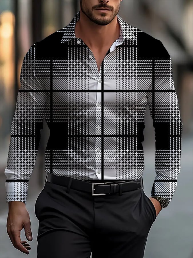 Camisa clásico ejecutivo a cuadros rayas estampado de manga larga para hombre