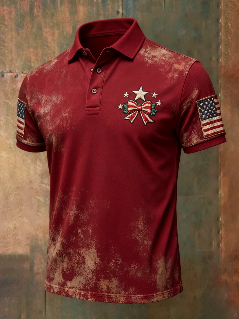 Camisa polo vintage Christmas American Flag con botones de manga corta para hombre