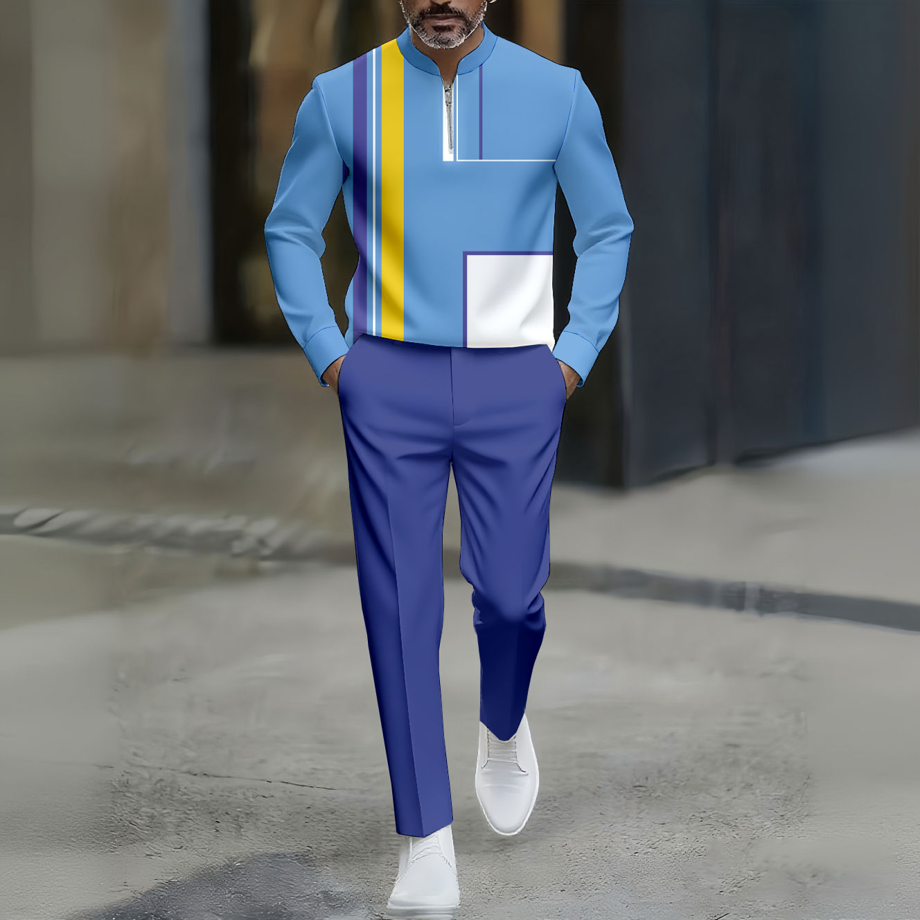 Conjunto de dos piezas casual Blue Color Matching Geometric estampado Round-Neck Zipper de manga larga Trousers para hombre