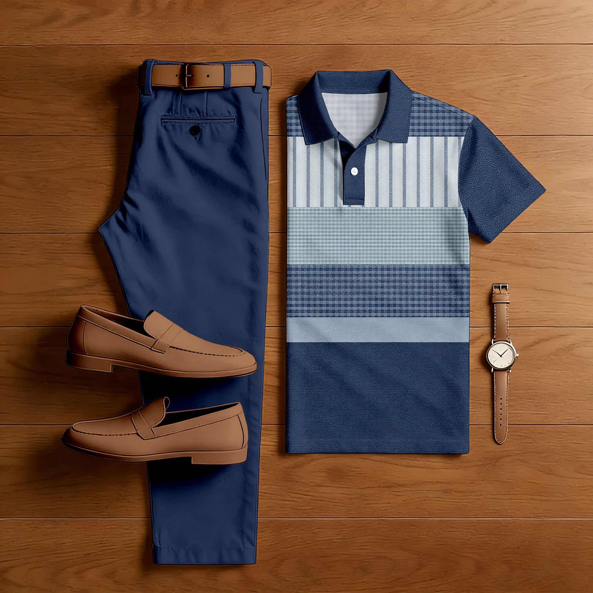 Conjunto de dos piezas casual Navy Blue Color Matching Checkered estampado de manga corta camisa polo & Trousers para hombre