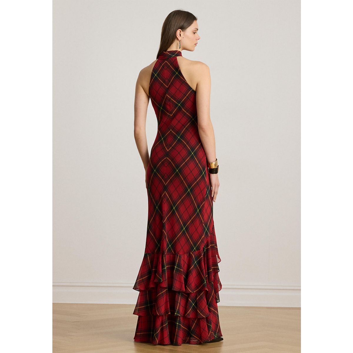 Women's Plaid Georgette Tiered Tie-Neck Gown - 2
