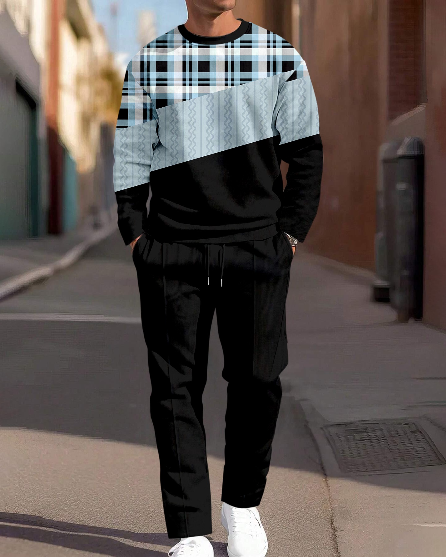 Simple Colorblock Round Neck casual Sports Set 0148 para hombre