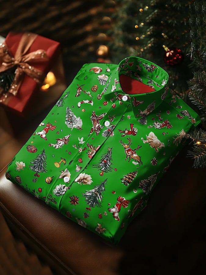 Camisa de lujo Christmas Contrast Color estampado de manga larga para hombre