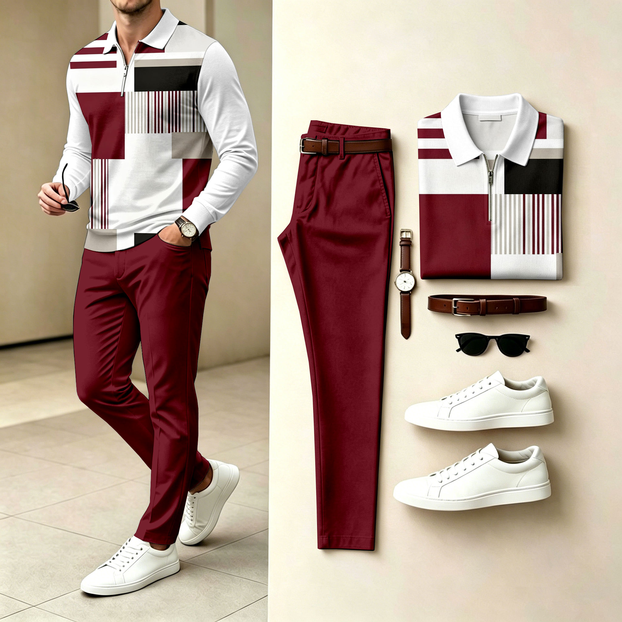 Conjunto de dos piezas Checkered Polo-Collar Zipper de manga larga camisa and pantalón para hombre