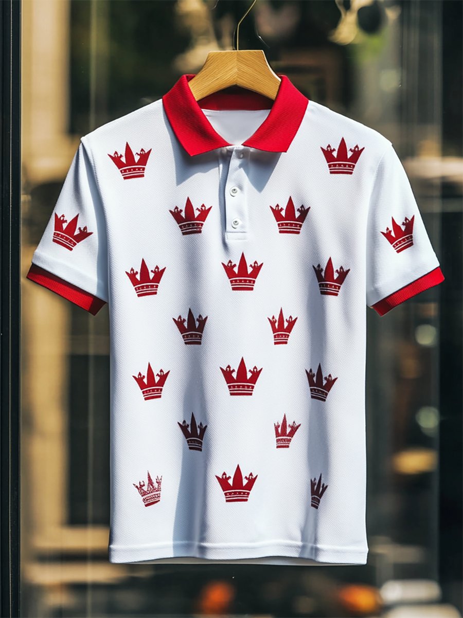 Camisa polo casual ejecutivo Crown estampado Button de manga corta para hombre