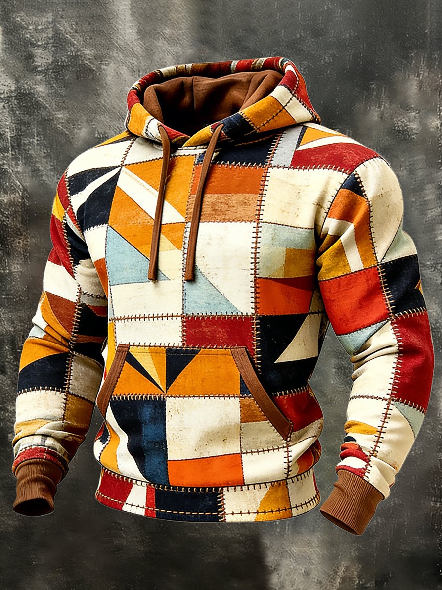 Sudadera casual geométrico Patchpara trabajo Art con gorrasucha para hombre