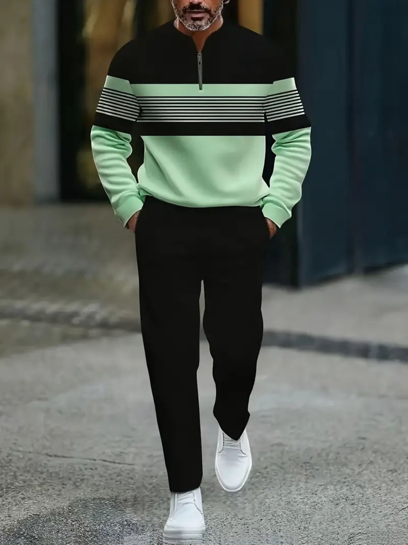 Conjunto de dos piezas casual Black & Green Color Matching a rayas estampado Round-Neck Zipper de manga larga sudadera & Trousers para hombre
