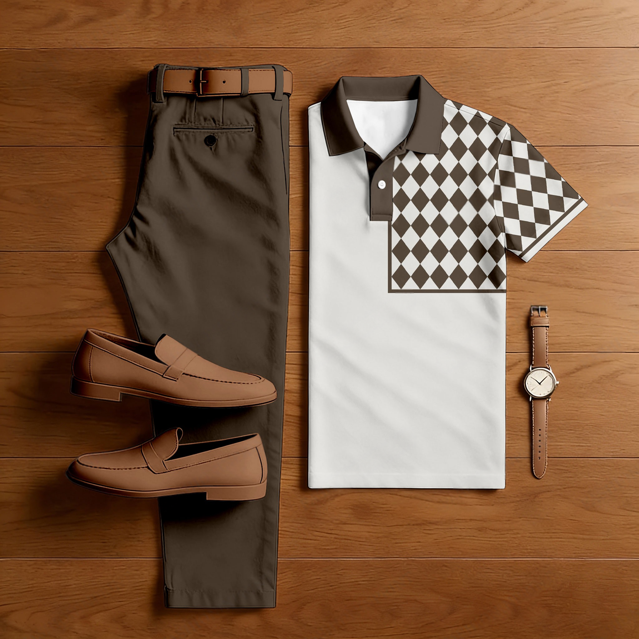 Conjunto de dos piezas casual Brown & White Color Matching Geometric estampado de manga corta camisa polo & Trousers para hombre