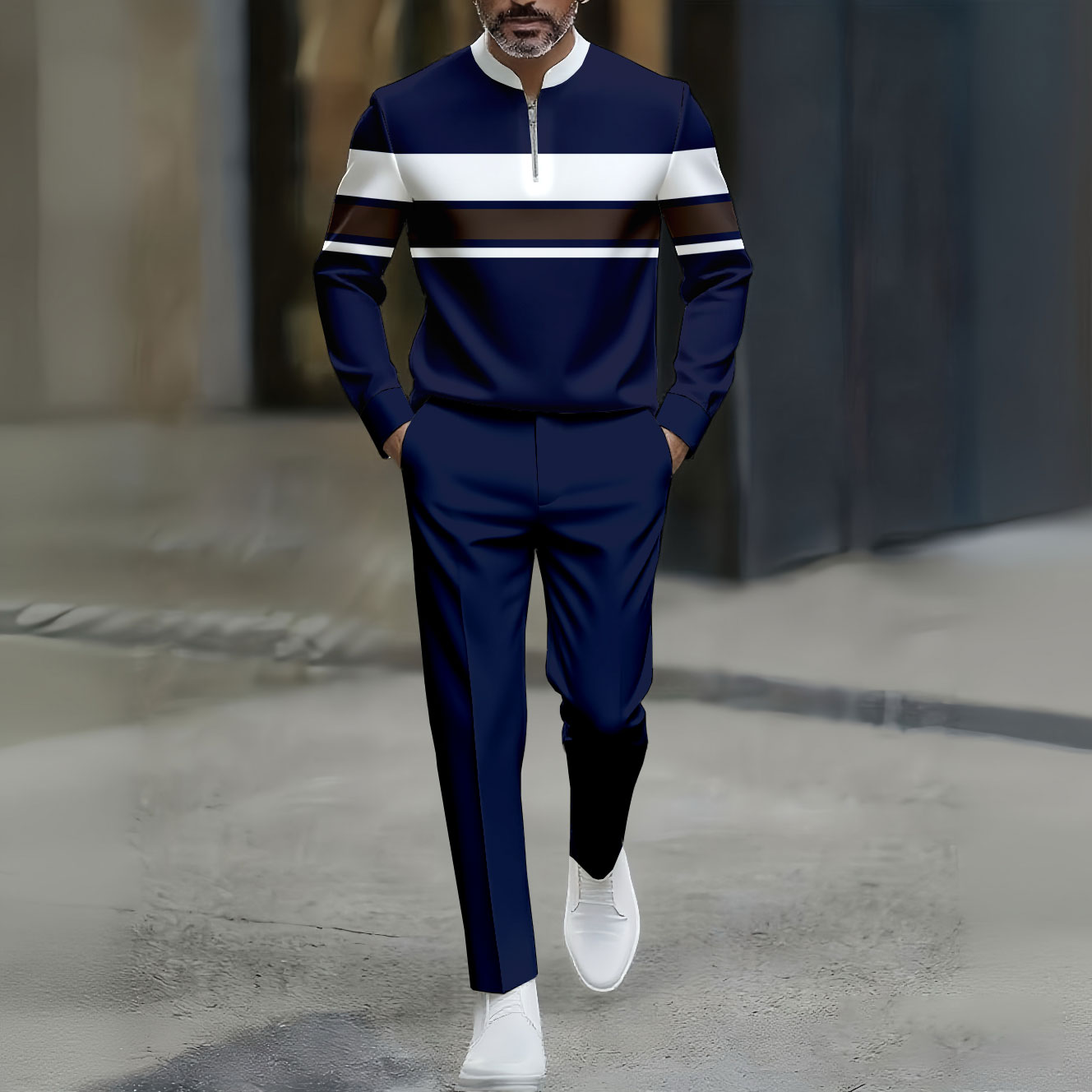 Conjunto de dos piezas casual Color Matching a rayas estampado Round-Neck Zipper de manga larga Trousers Navy Blue para hombre
