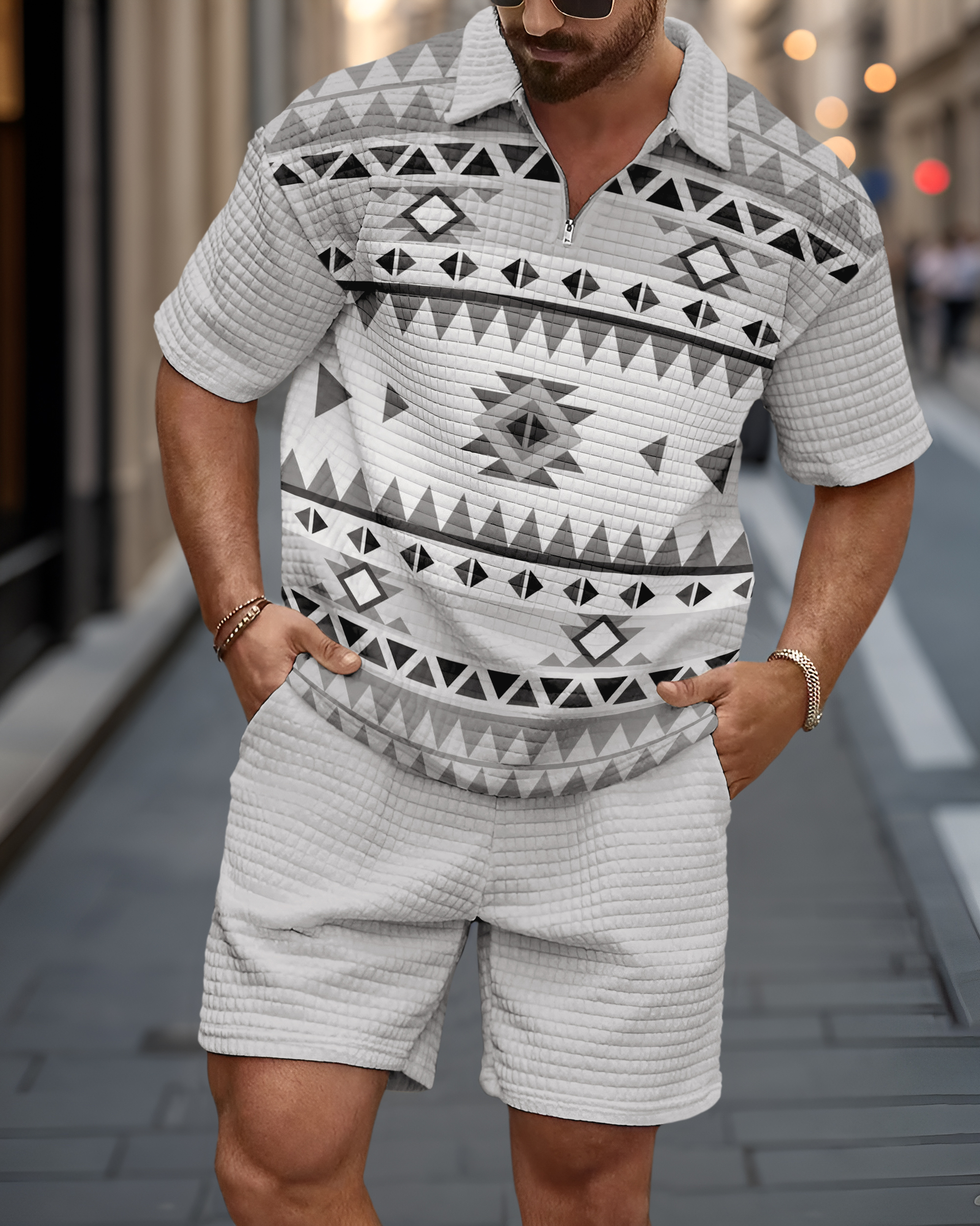 Casual Art estampado Waffle Texture Summer Polo Set 057 para hombre