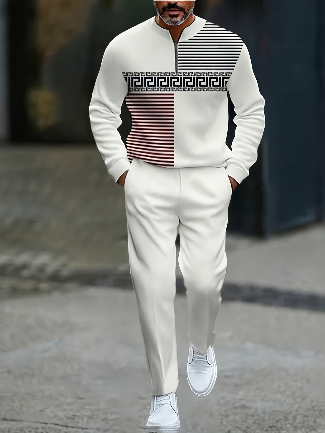 Conjunto de dos piezas casual Color Matching estampado Round-Neck Zipper de manga larga Trousers para hombre