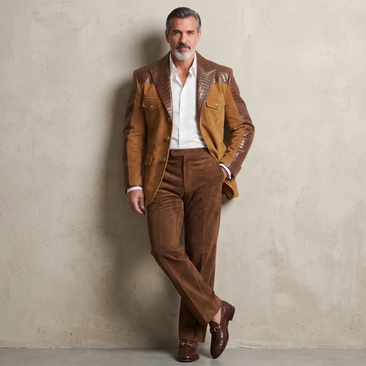 para hombre Brown Suede Patchwork PU Leather Peak Lapel Single Pockets Breasted de corte entallado saco