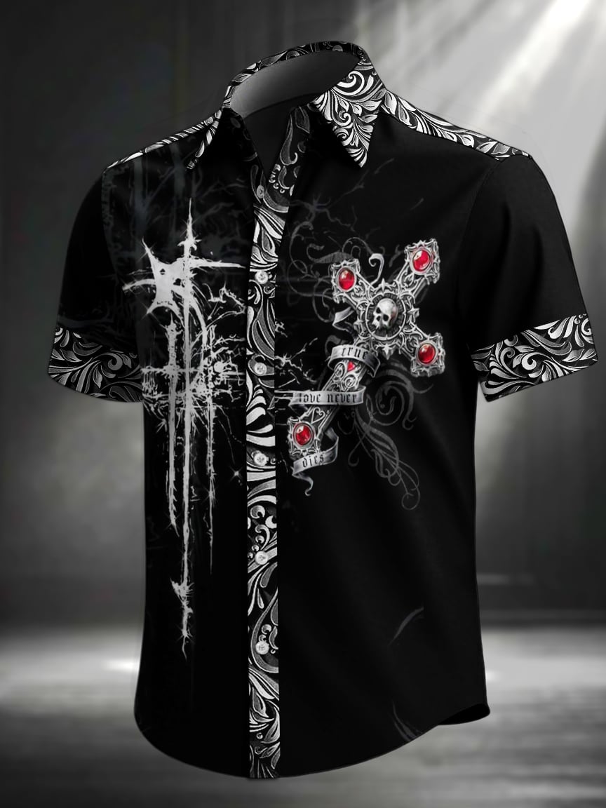 Camisa vintage Skull floral estampado solapa de manga corta para hombre