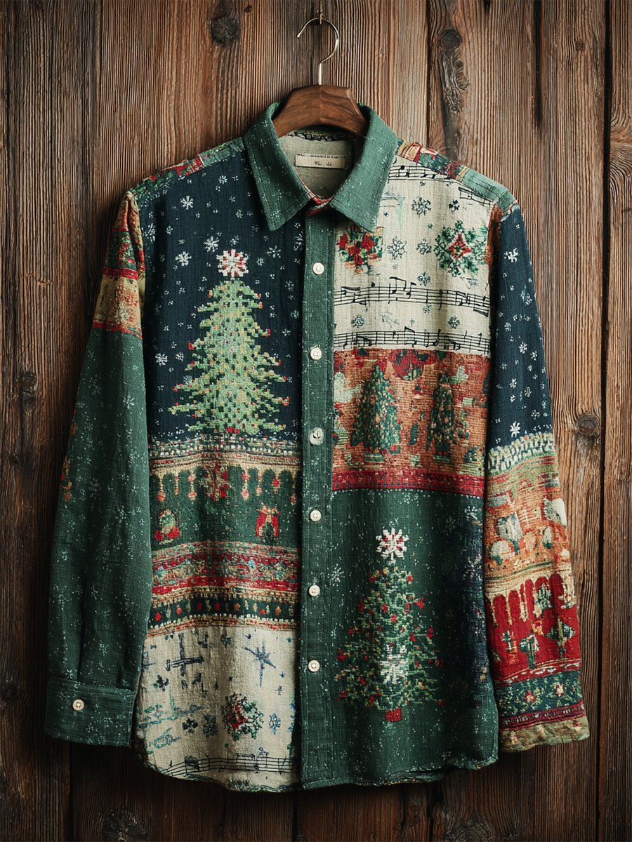 Camisa retro casual Christmas Tree Musical Notes de manga larga para hombre