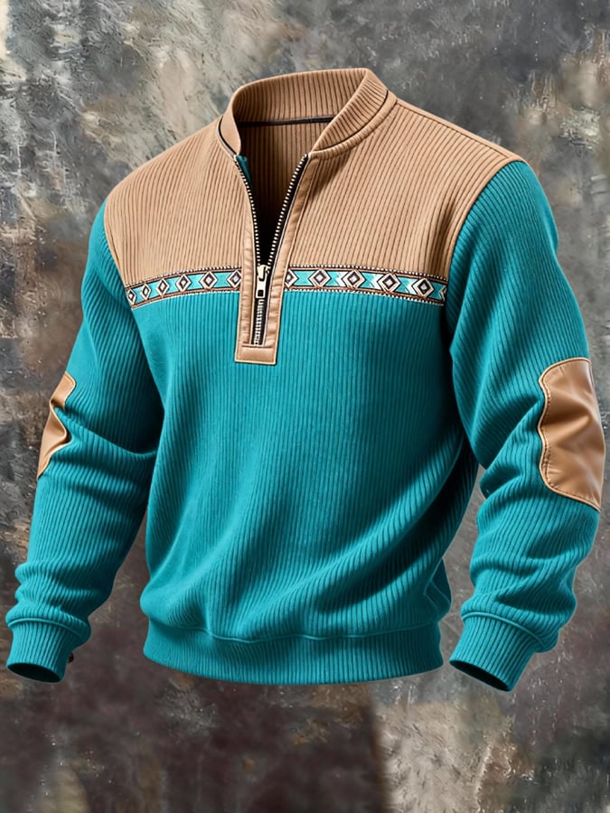 Sudadera casual retro Contrast Color Half Zip Stand cuello de manga larga para hombre