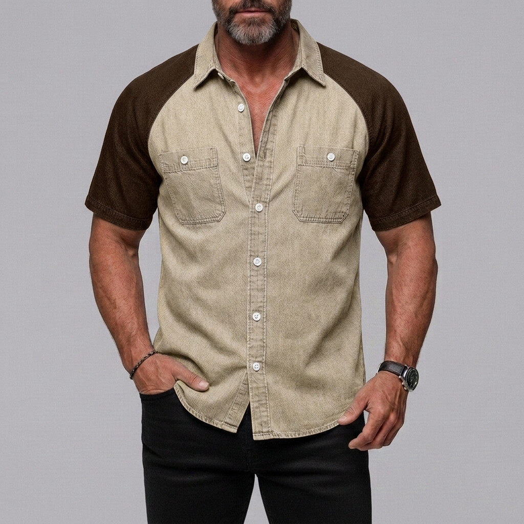 Camisa casual Patch Pockets Button-Up Colorblock Raglan Sleeve para hombre