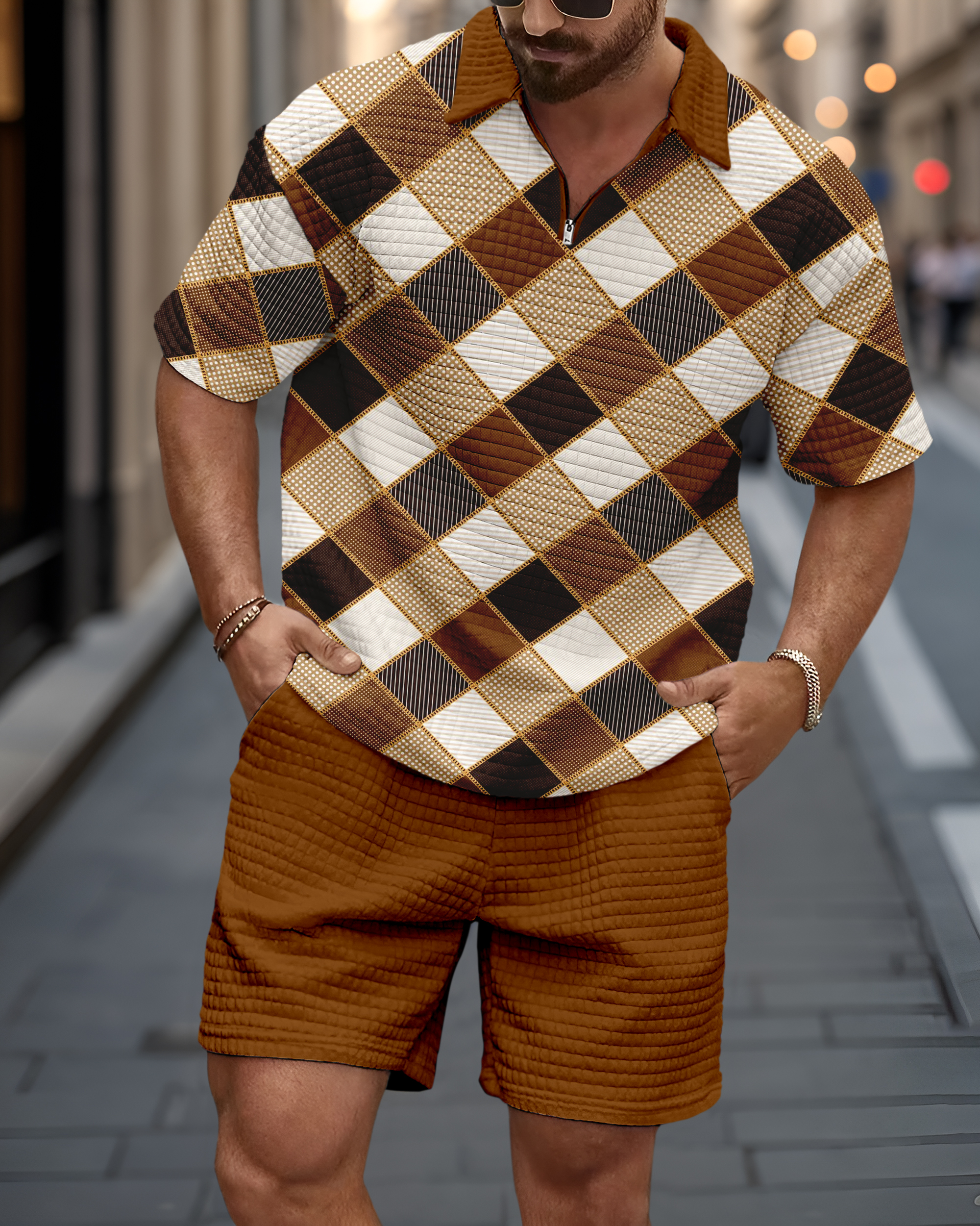 Casual waffle texture summer Polo Set 032 para hombre