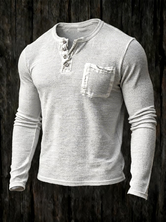 Retro desgastado Waffle casual Henley cuello de manga larga Top para hombre