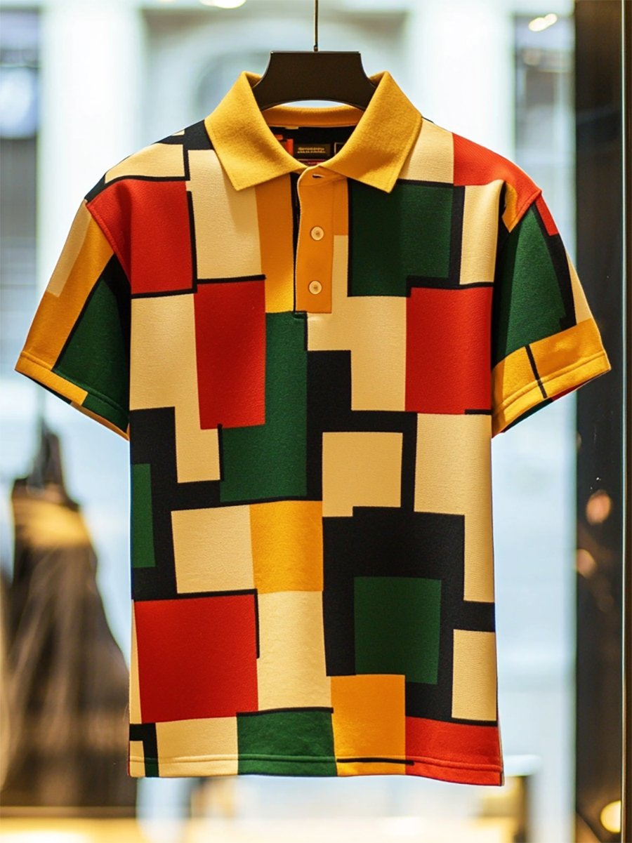 Camisa polo vintage casual Bauhaus Geometric Art Button de manga corta para hombre