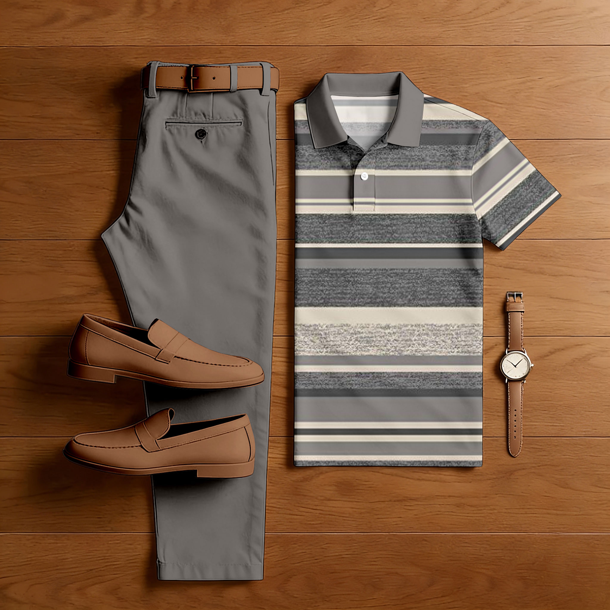 Conjunto de dos piezas casual Coffee & Gray Color Matching a rayas estampado de manga corta camisa polo & Trousers para hombre