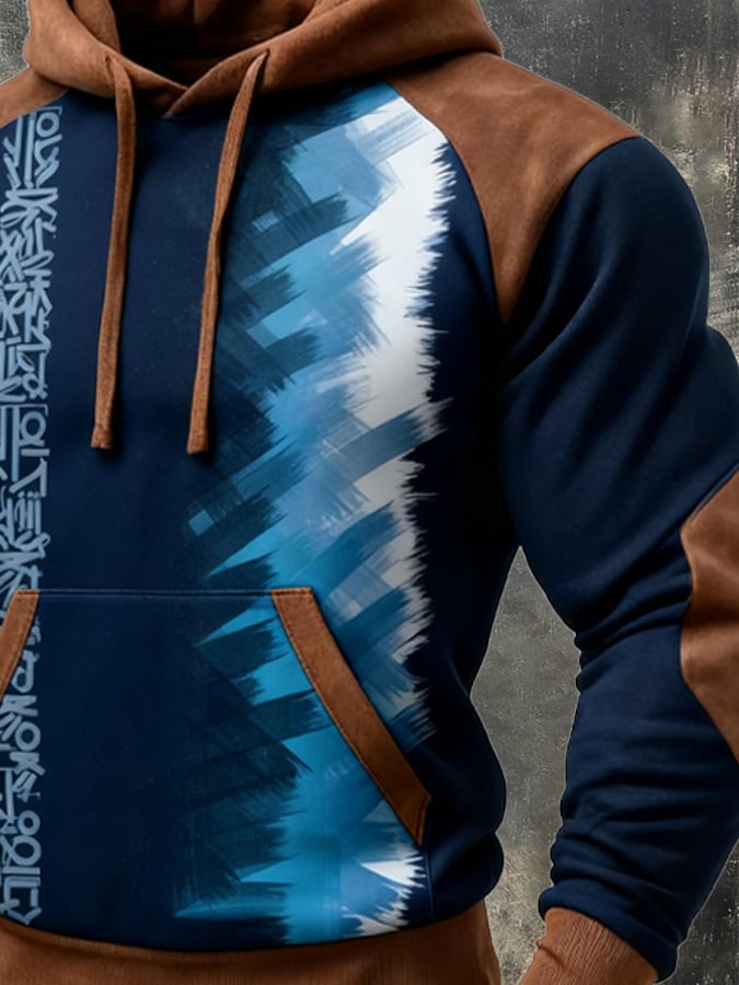 para hombre retro Distressed en bloques de color Print casual Fur Collar de manga larga Sweacamiseta