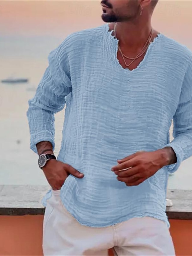 Camisa de lino Summer camisa Beach Wear casual camisa Plain Vacation Curise White Blue Brown Khaki de manga larga V Neck Spring & Summer Clothing Apparel para hombre