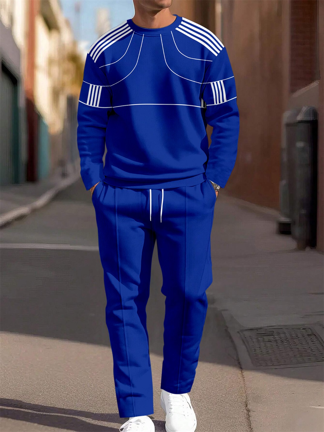 Navy Blue Round Neck casual Sports Set 039 para hombre