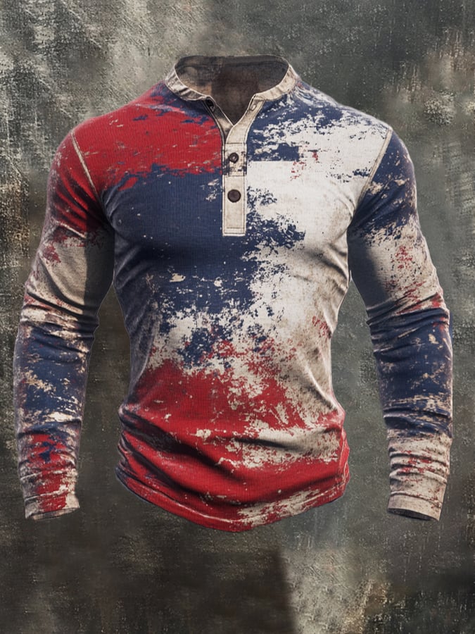 Retro en bloques de color de manga larga Henley para hombre