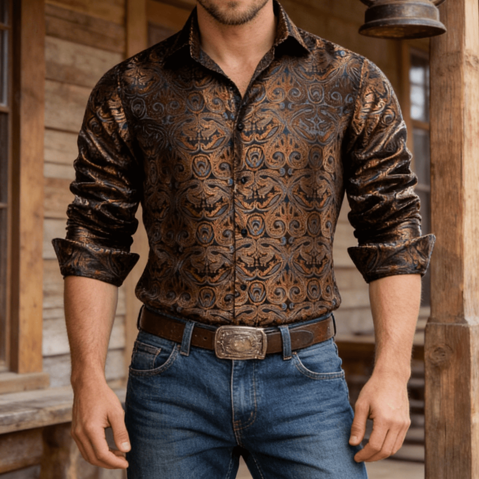 Camisa Mens Paisley de chalecoir Brown de manga larga con botones camisa