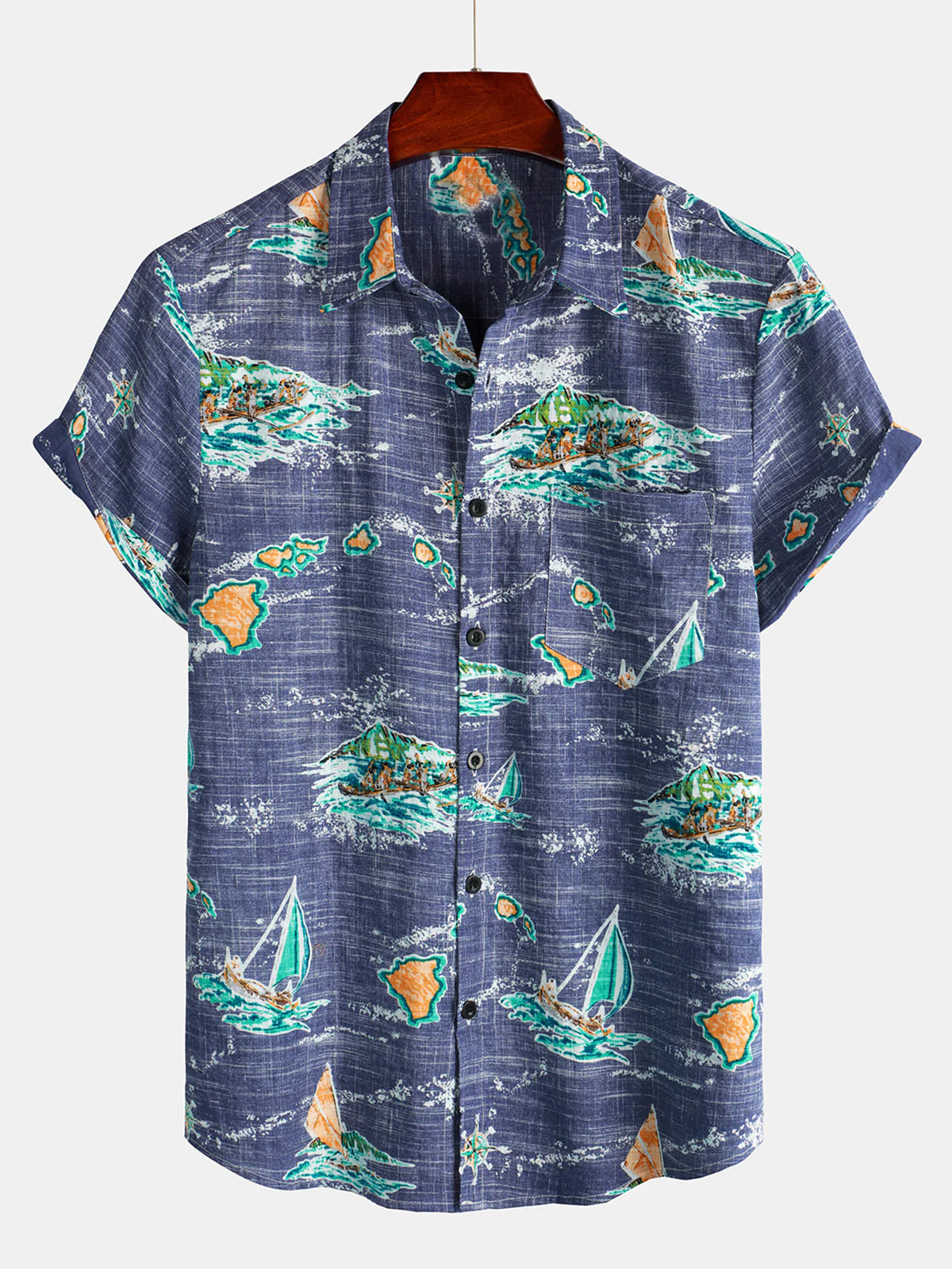 Camisa de algodón Navy Blue Hawaiian Islands Cruise Beach Button Up Pocket Summer de manga corta Aloha para hombre