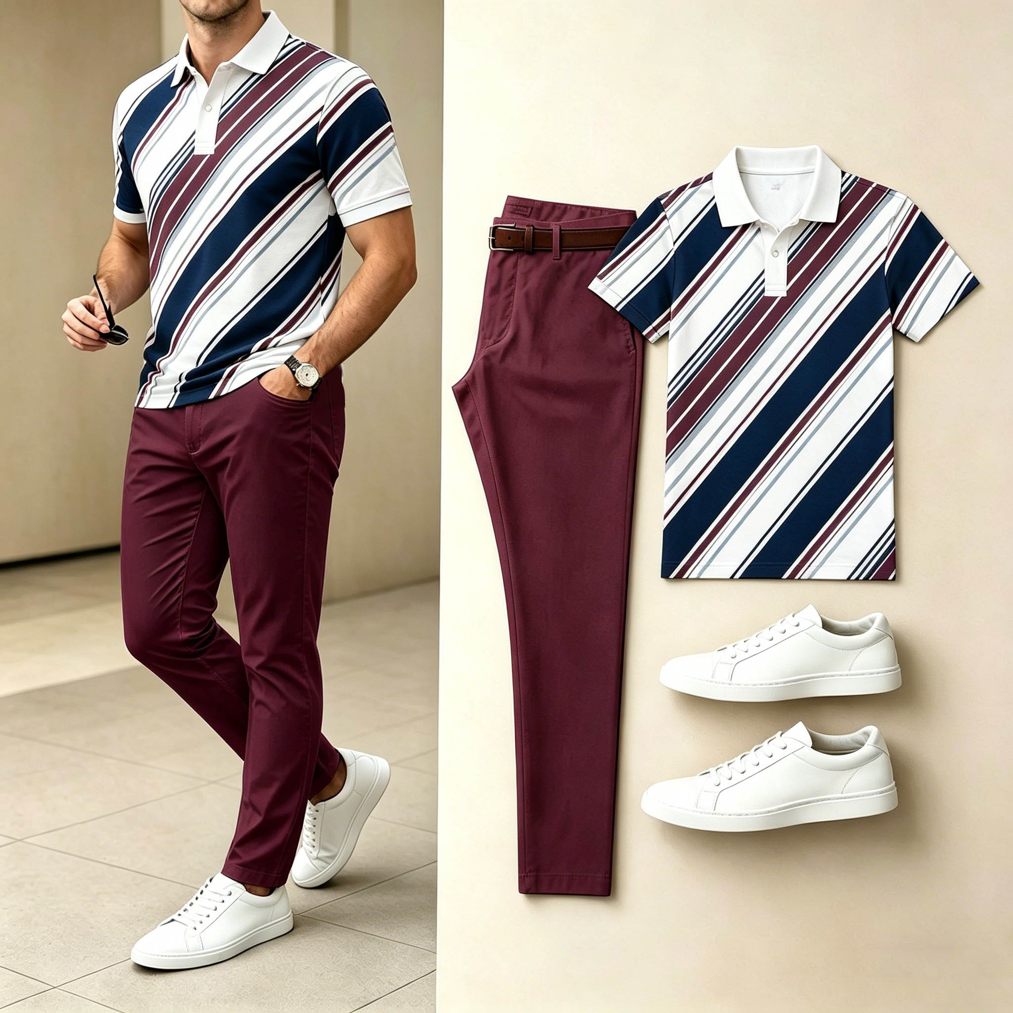 Camisa polo para uso diario Diagonal Multi-Color rayas estampado And Slim pantalón Two-Piece Matching Set para hombre