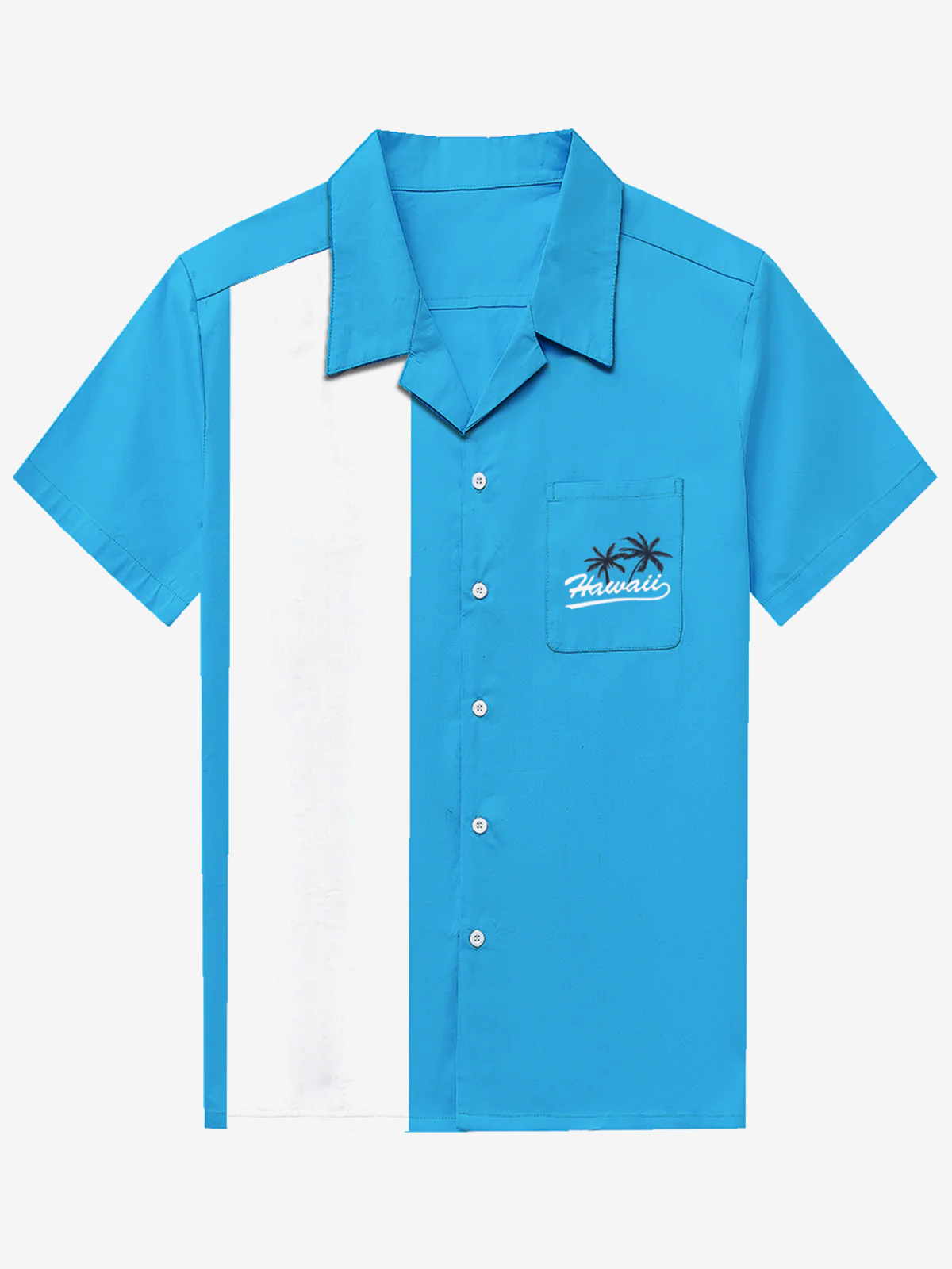 Camisa 50's vintage Camp de algodón Pocket Bowling Hawaii Coconut Tree Blue de manga corta para hombre