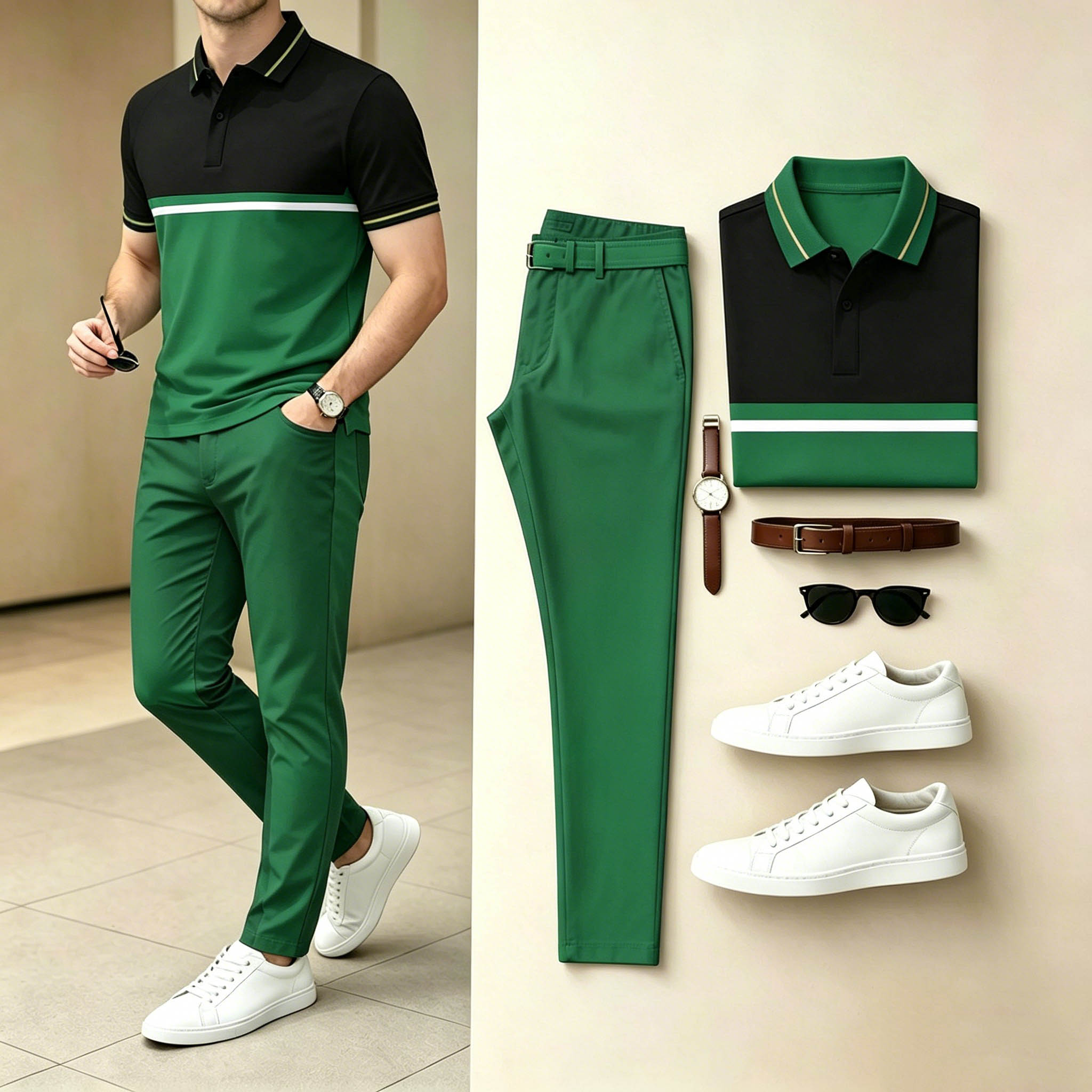 Conjunto de dos piezas casual Black Green en bloques de color camisa polo & Long pantalón para hombre