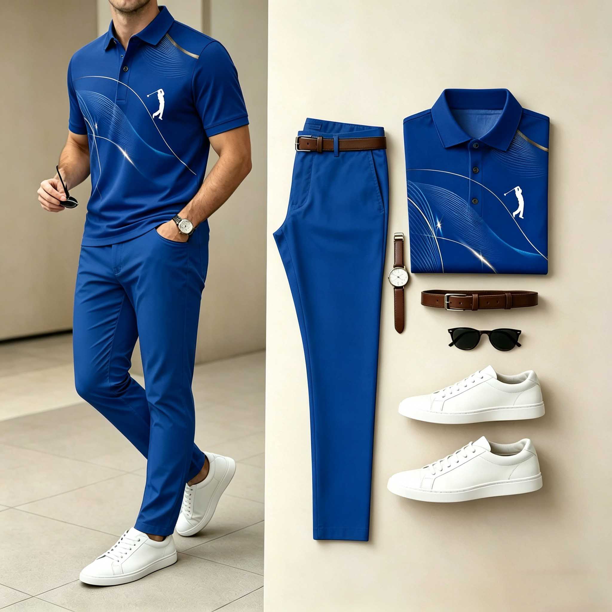 Conjunto de dos piezas casual Royal Blue Line estampado camisa polo & pantalón para hombre