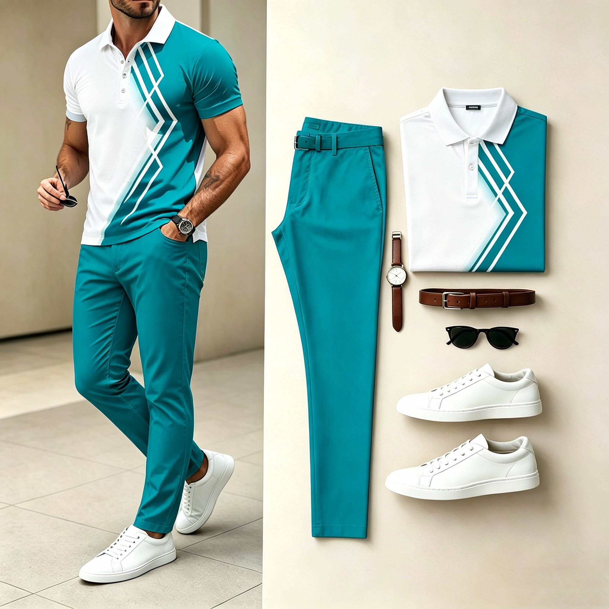 Conjunto de dos piezas casual Teal White Diamond Geometric estampado camisa polo & Teal pantalón para hombre