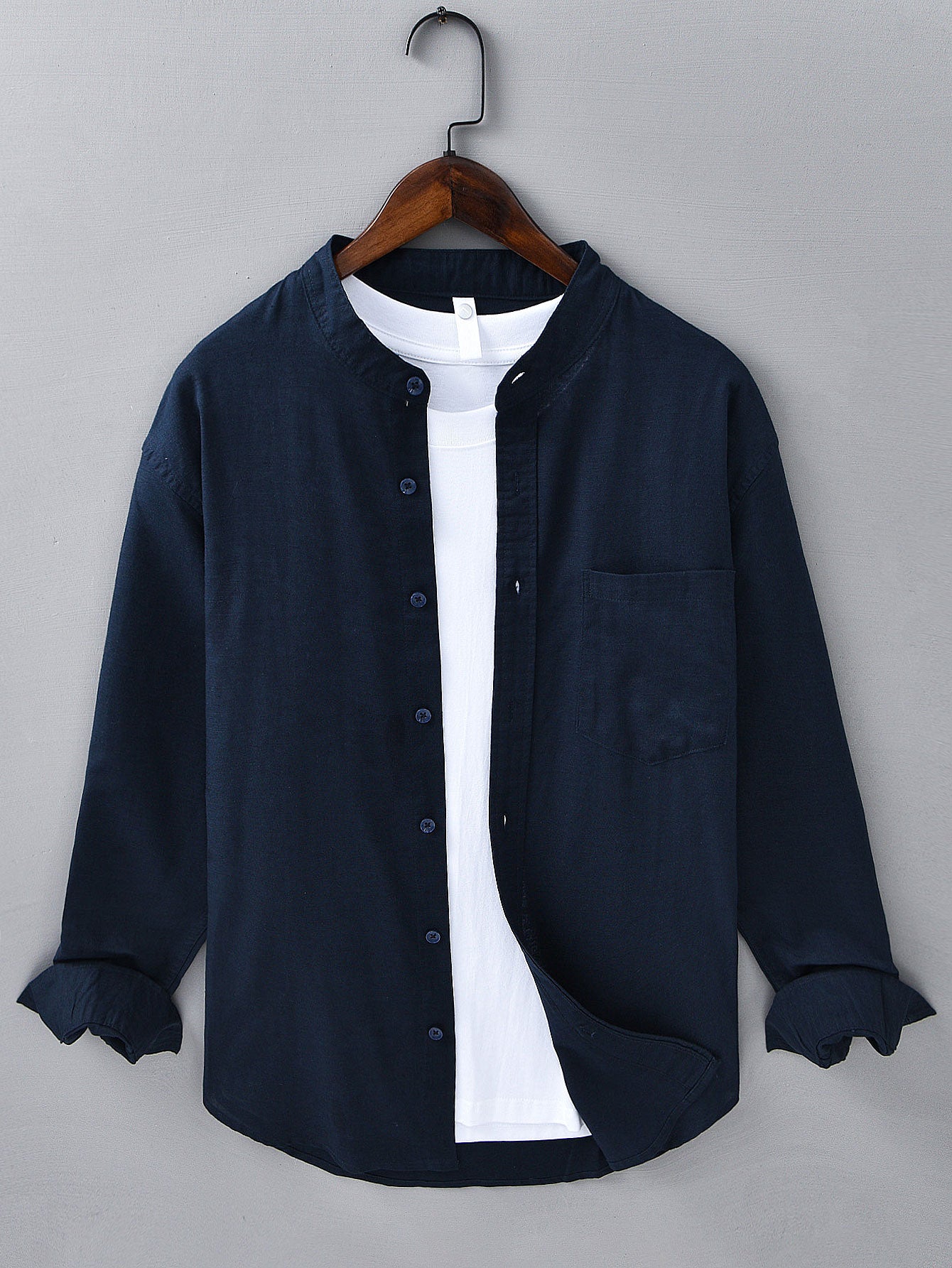 Camisa de manga larga de lino de algodón Stand Collar With Pocket