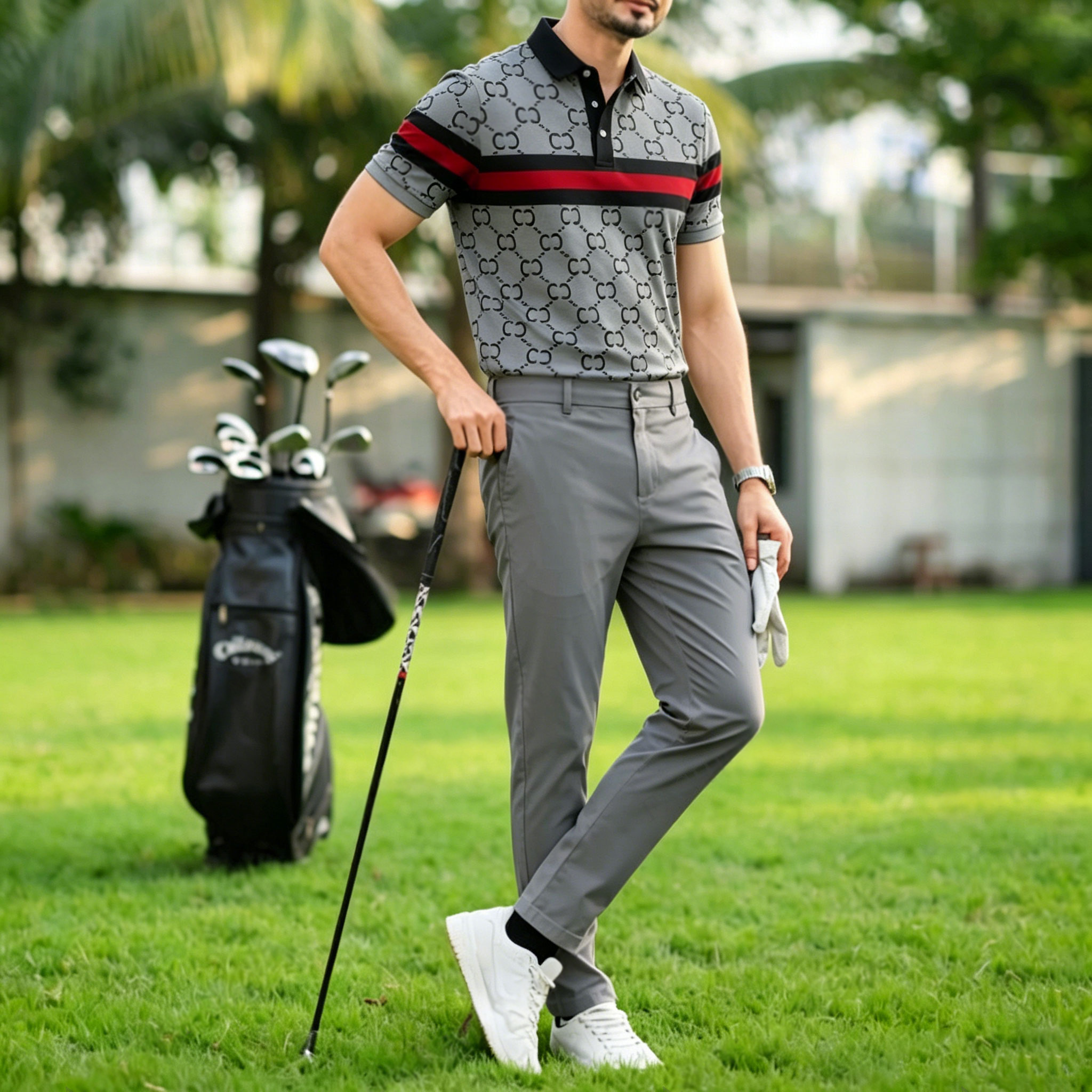 Conjunto de dos piezas casual Dark Gray a cuadros estampado camisa polo And pantalón para hombre