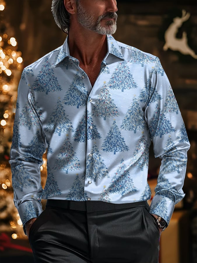 Camisa de lujo Christmas Contrast Color estampado de manga larga para hombre