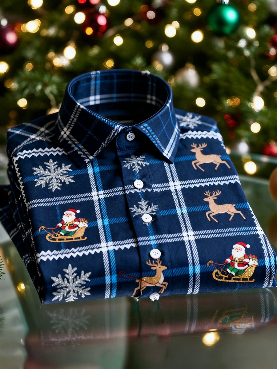 Camisa Christmas de manga larga con botones para hombre