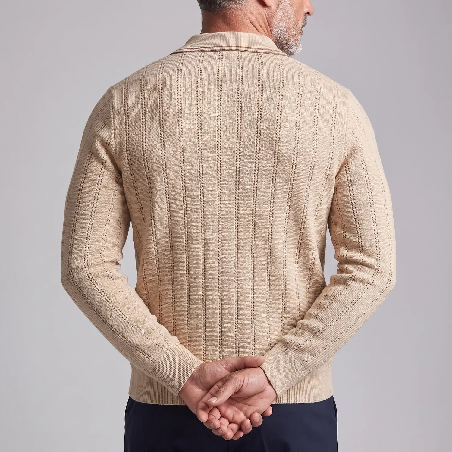 para hombre Navy Blue Hollow Out Contrast Trim Single Breasted tejido Cardigan